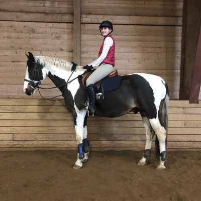 A girl is sitting on the back of a horse.